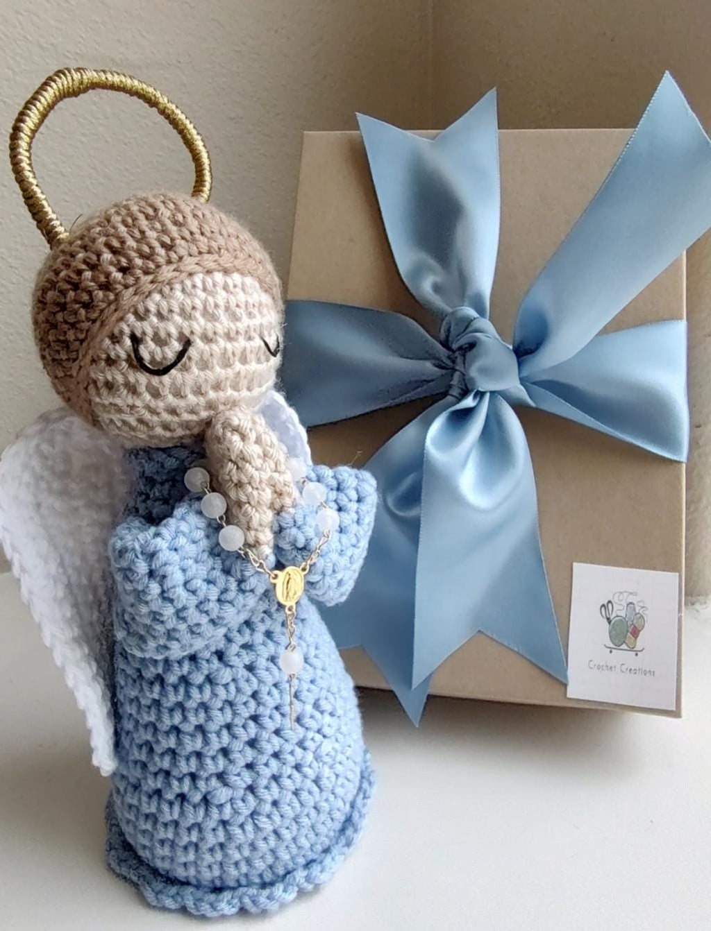 Handmade Crochet Little Blue Angel with White Rosary 7 inches