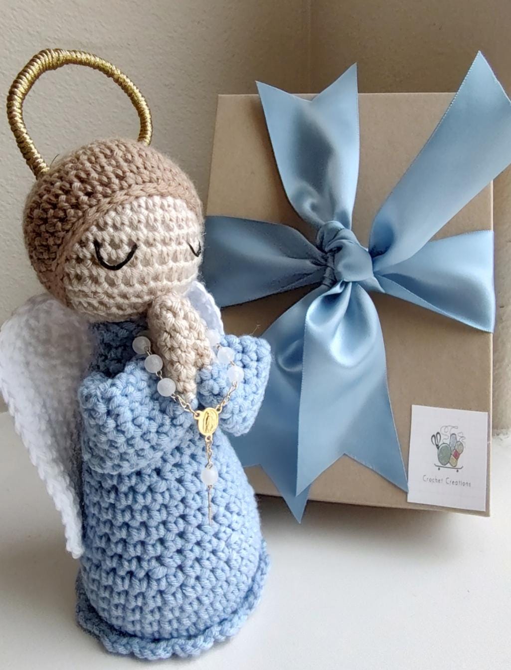 Handmade Crochet Little Blue Angel with White Rosary 7 inches