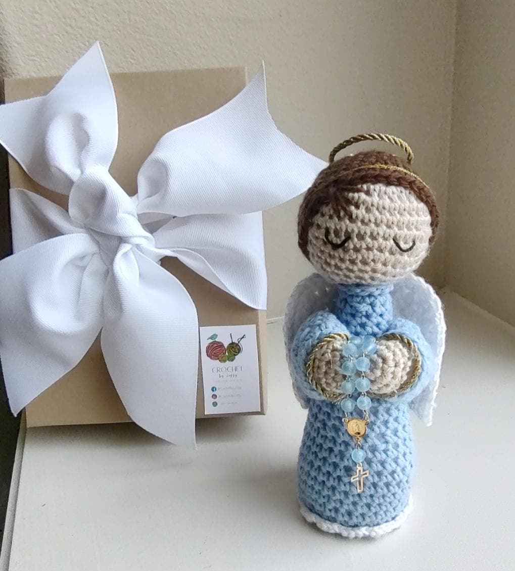Handmade Crochet Angel with Blue Rosary Personalized - Elegant Gift Box
