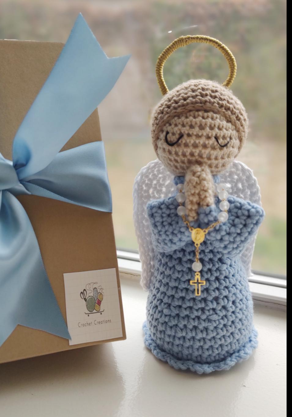 Handmade Crochet Little Blue Angel with White Rosary 7 inches