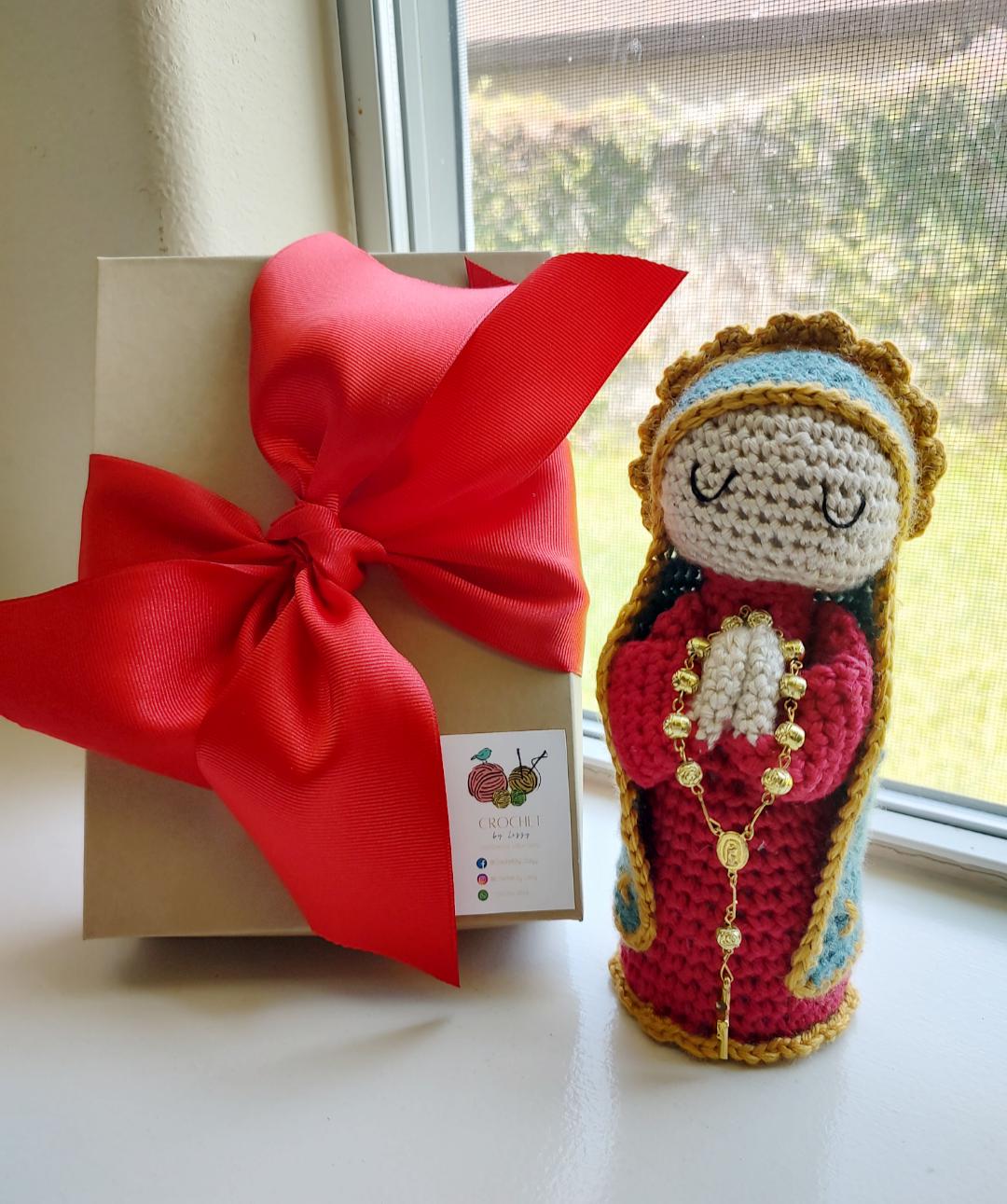 Handmade Crochet Red Virgin Personalized with Gold Rosary - Gift Boxed & Ready, 7 Inch