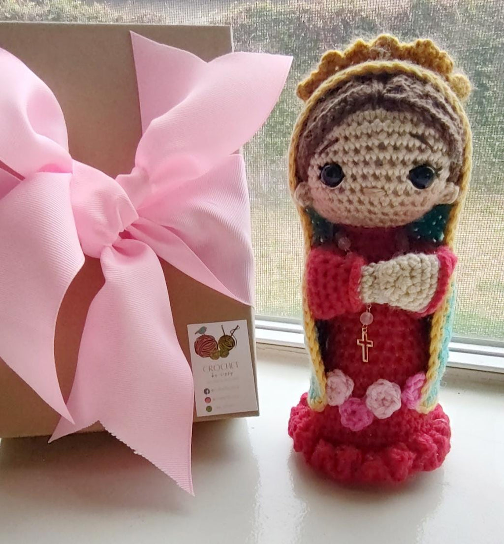 Handmade Crochet Virgencita of Guadalupe with Pink Rosary Personalized 7 inches