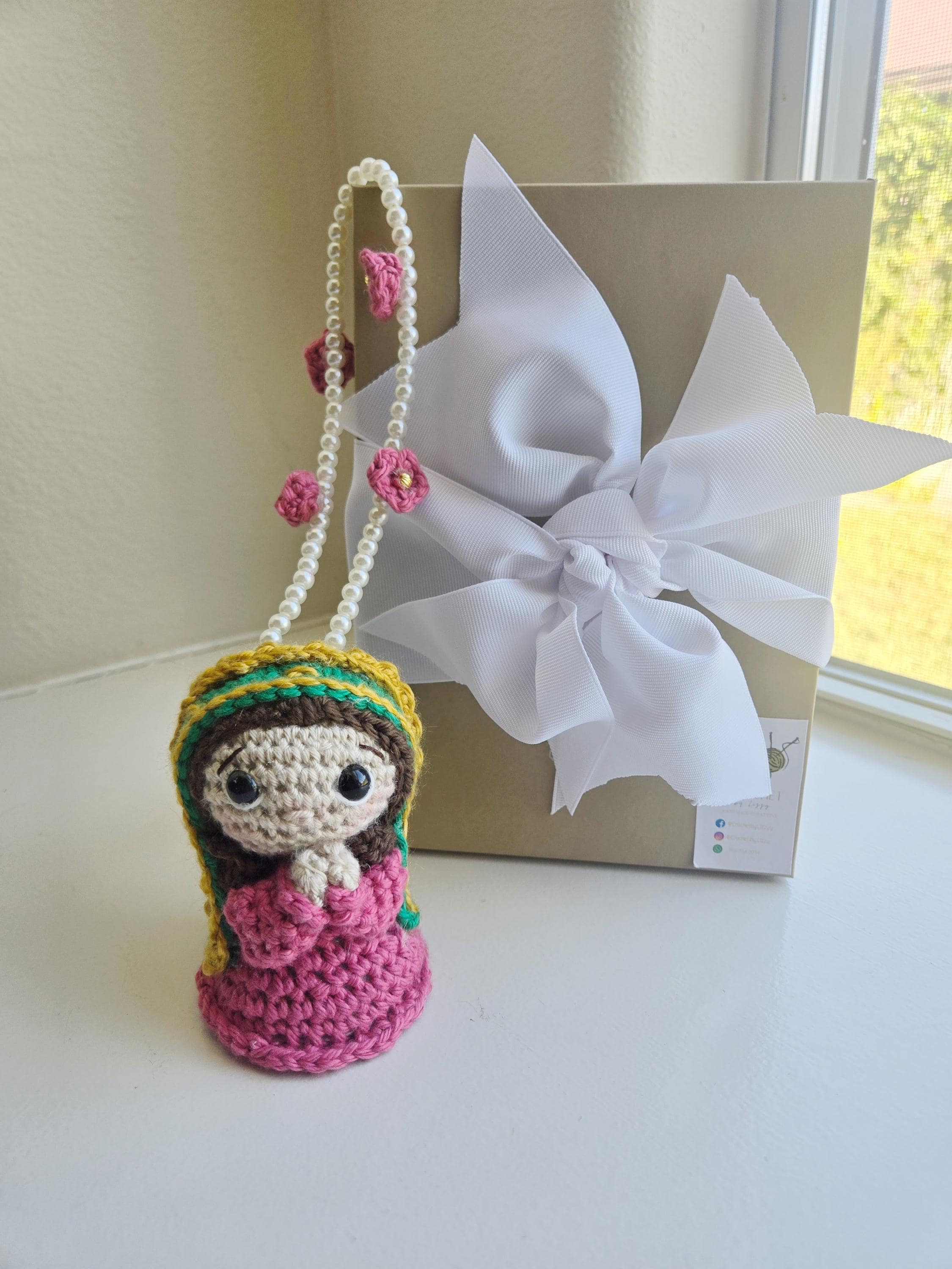Handmade Virgin Crochet Car Charm in Gift Box - 4-Inch Acrylic Decoration