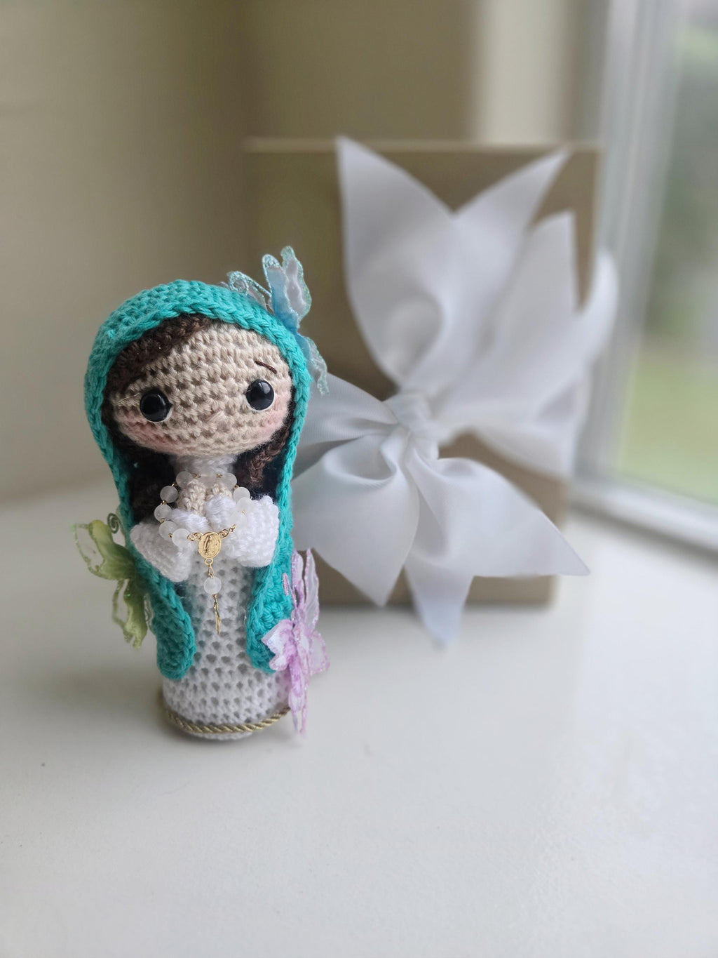 Handmade Crochet Virgin personalized with Butterflies Doll Gift-Ready in Box with Ribbon | 7 Inch