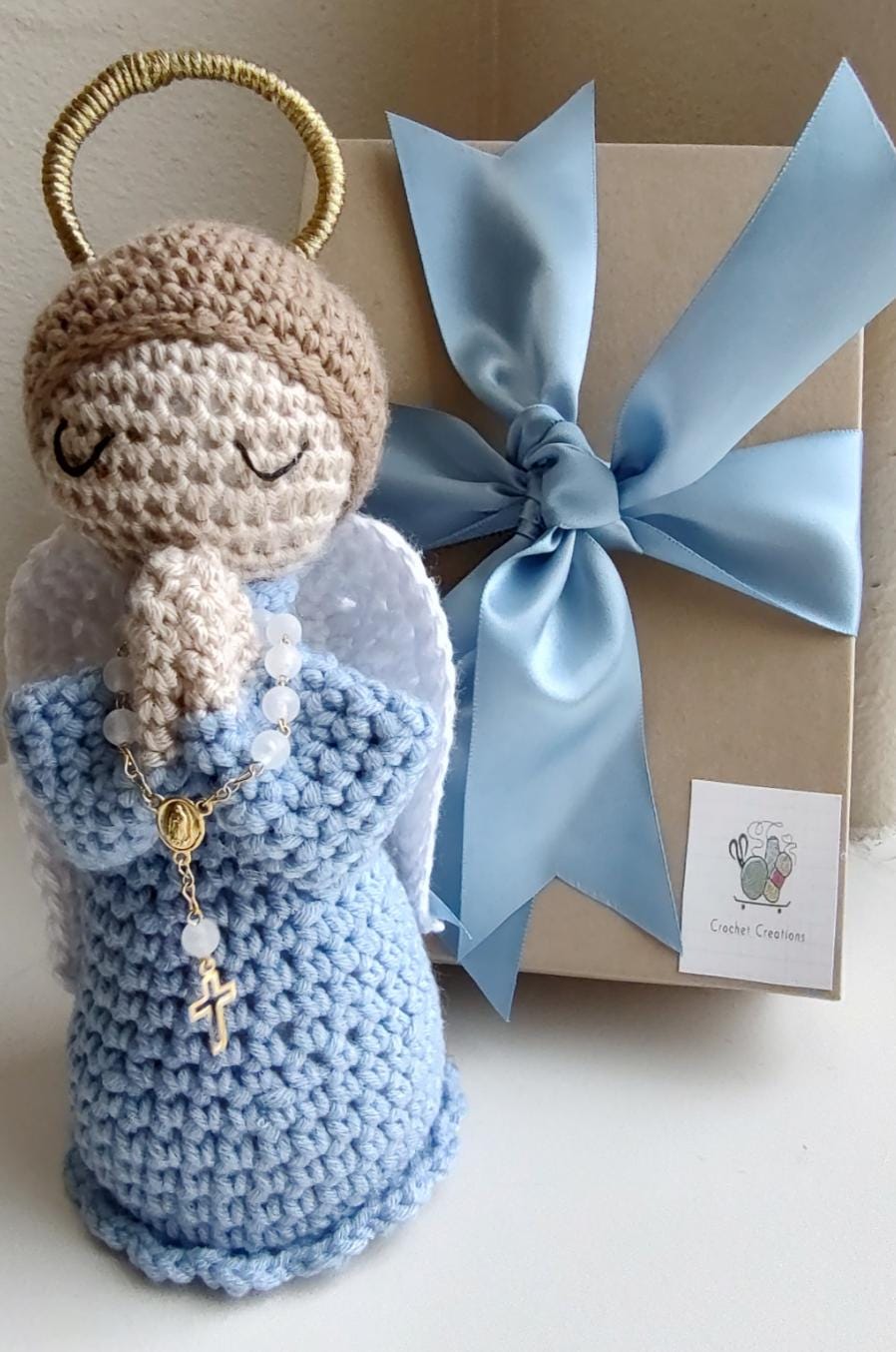 Handmade Crochet Little Blue Angel with White Rosary 7 inches