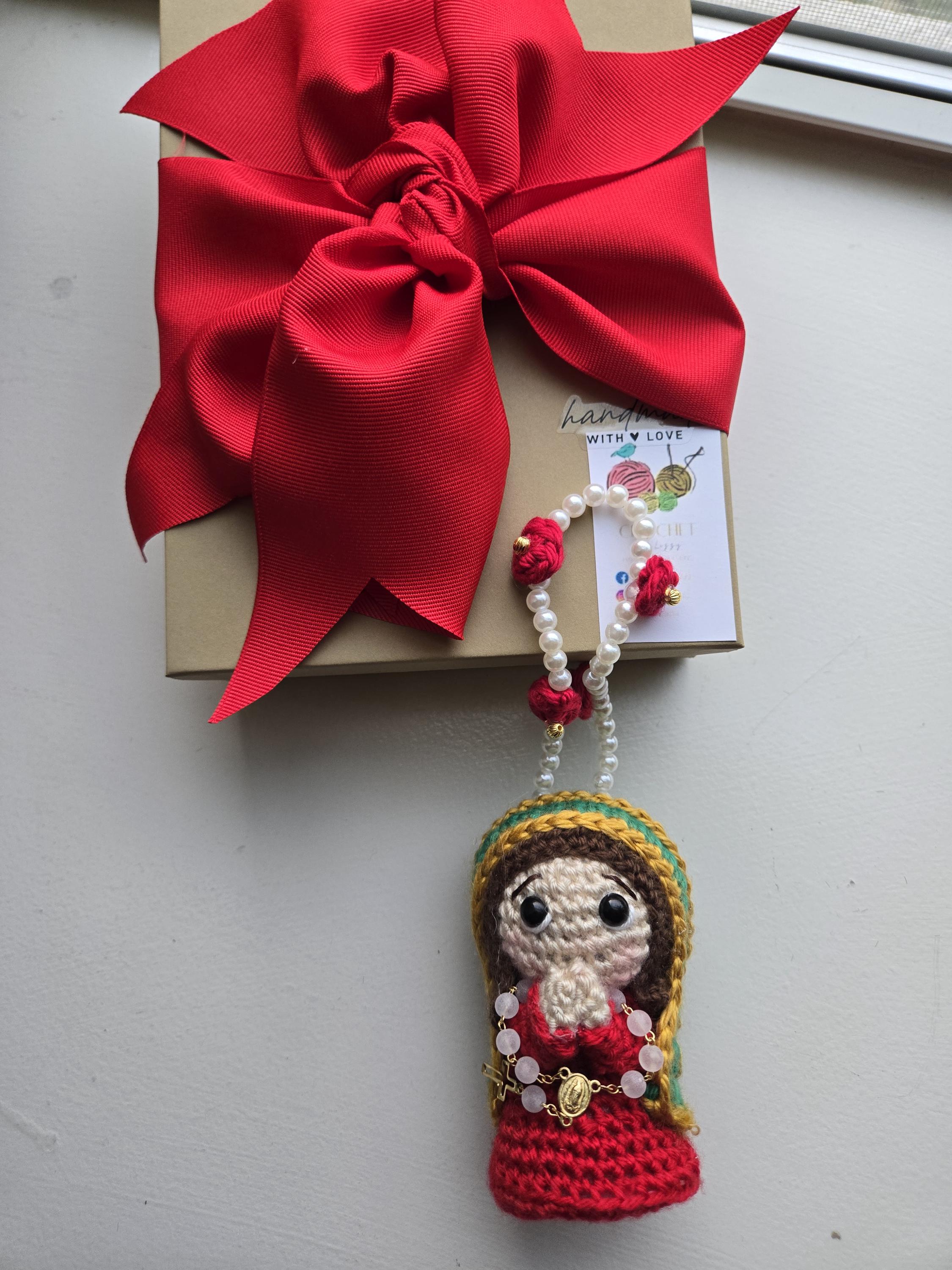 Handmade Crochet  Virgin Charm Car with Rosary