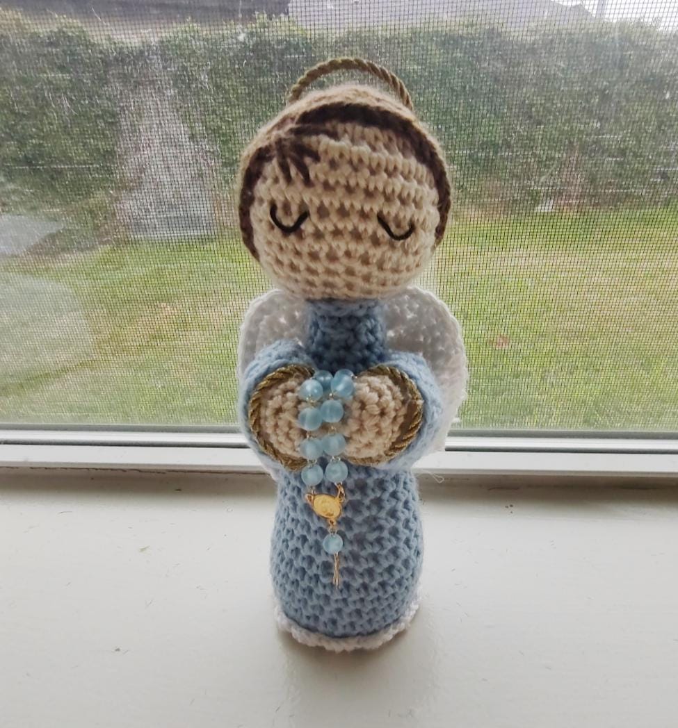 Handmade Crochet Angel with Blue Rosary Personalized - Elegant Gift Box