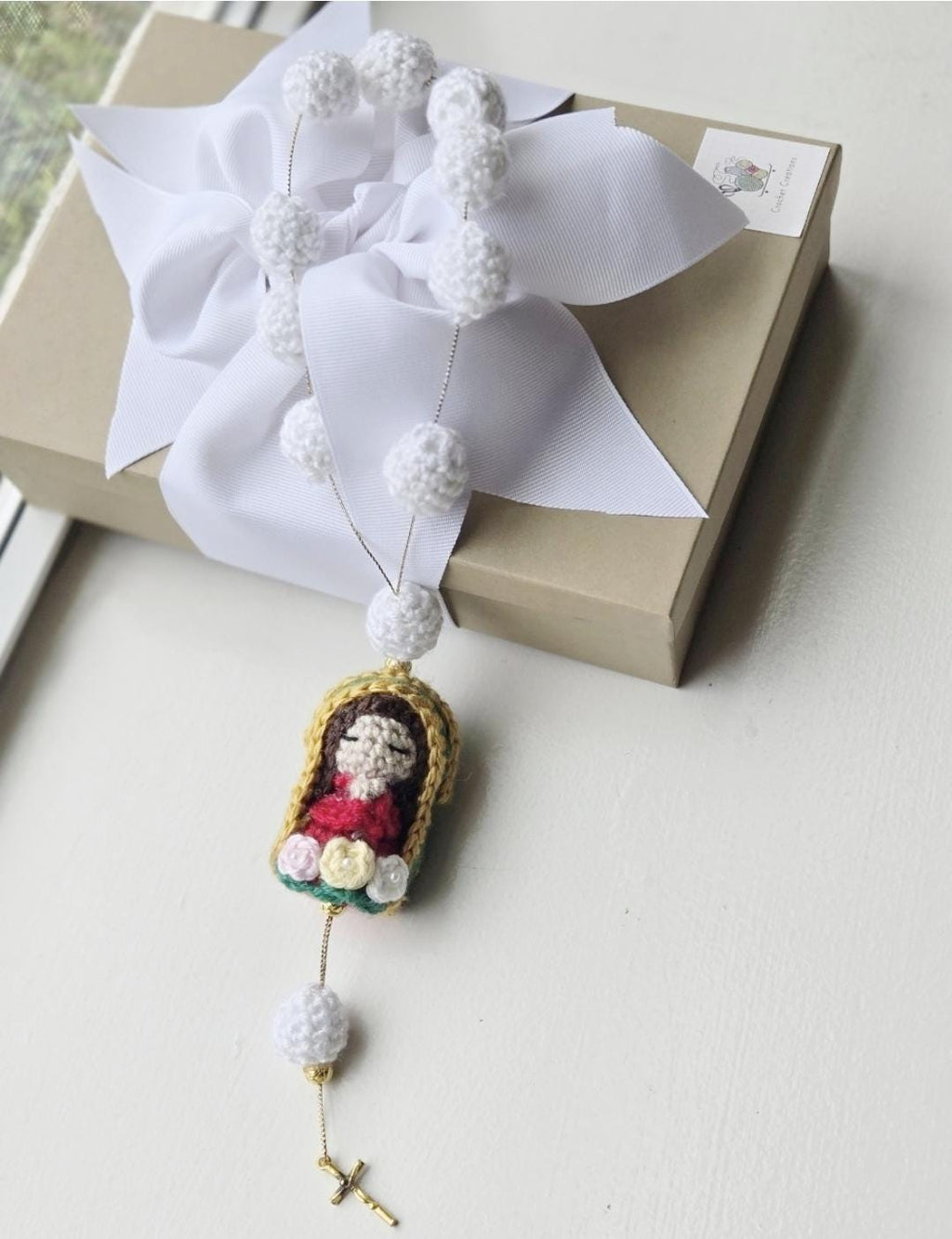 Handmade Crochet Virgin Mary Rosary - 10 Inch - Ready for Gift Giving in Elegant Box