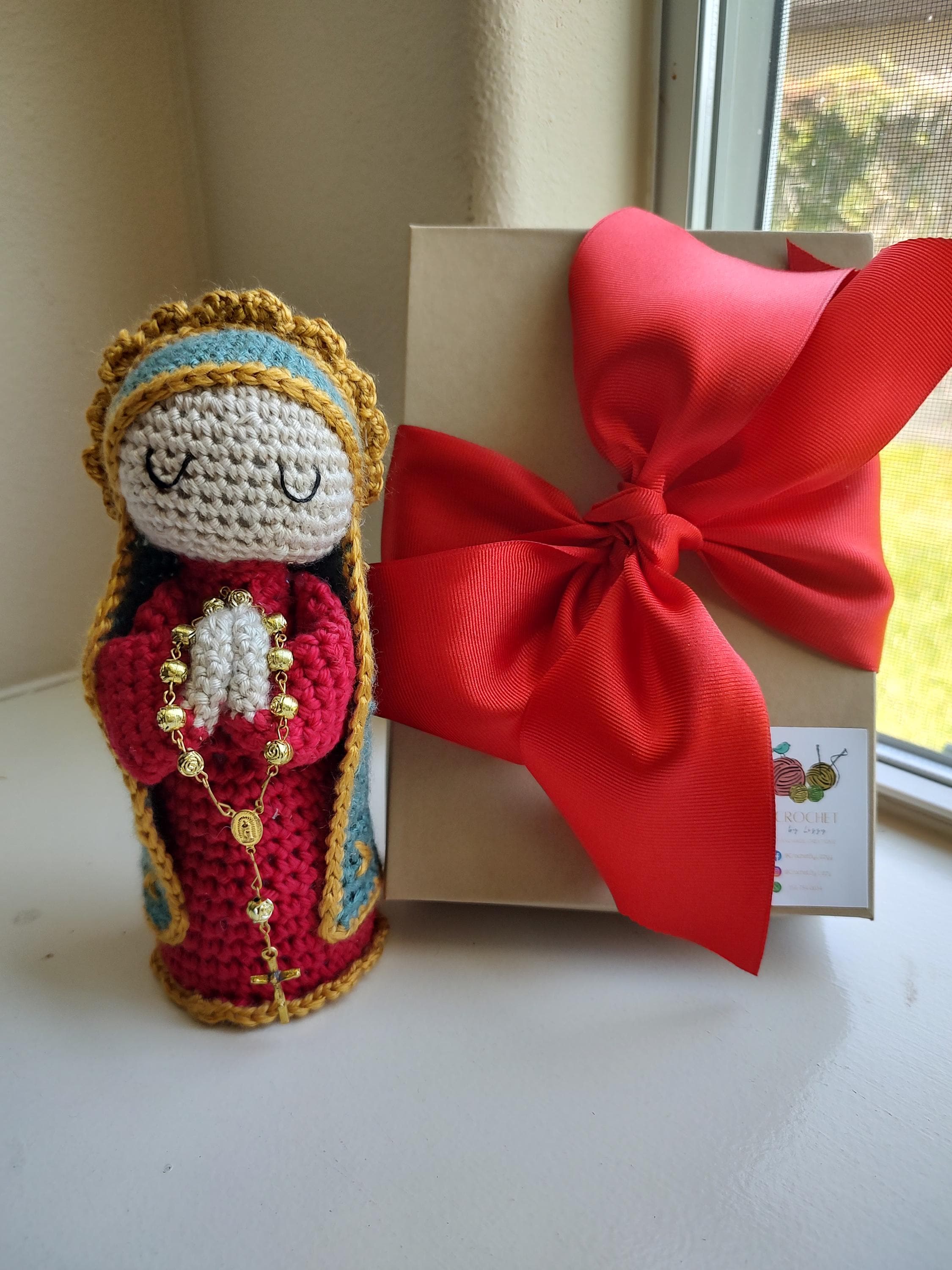 Handmade Crochet Red Virgin Personalized with Gold Rosary - Gift Boxed & Ready, 7 Inch