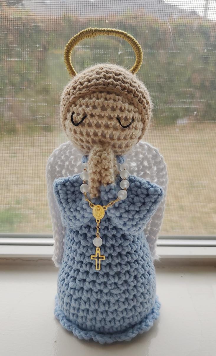 Handmade Crochet Little Blue Angel with White Rosary 7 inches