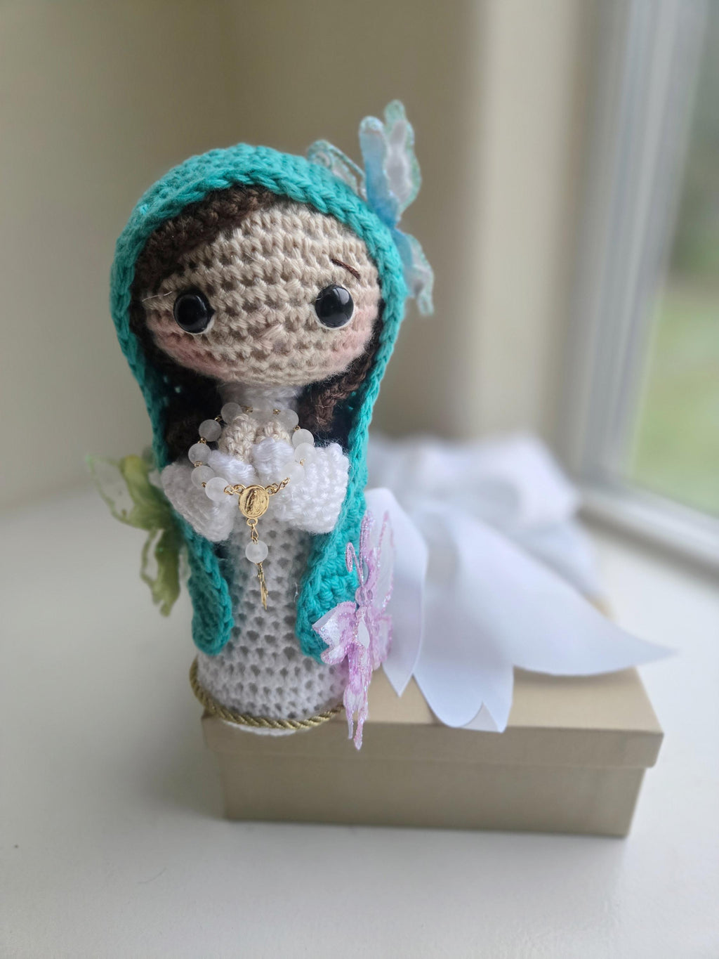 Handmade Crochet Virgin personalized with Butterflies Doll Gift-Ready in Box with Ribbon | 7 Inch