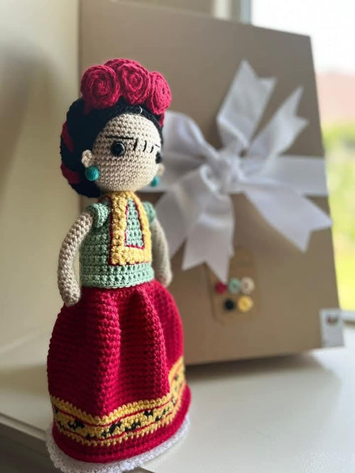 Frida Kahlo Handmade Crochet Doll – 13" Gift Boxed with Ribbon