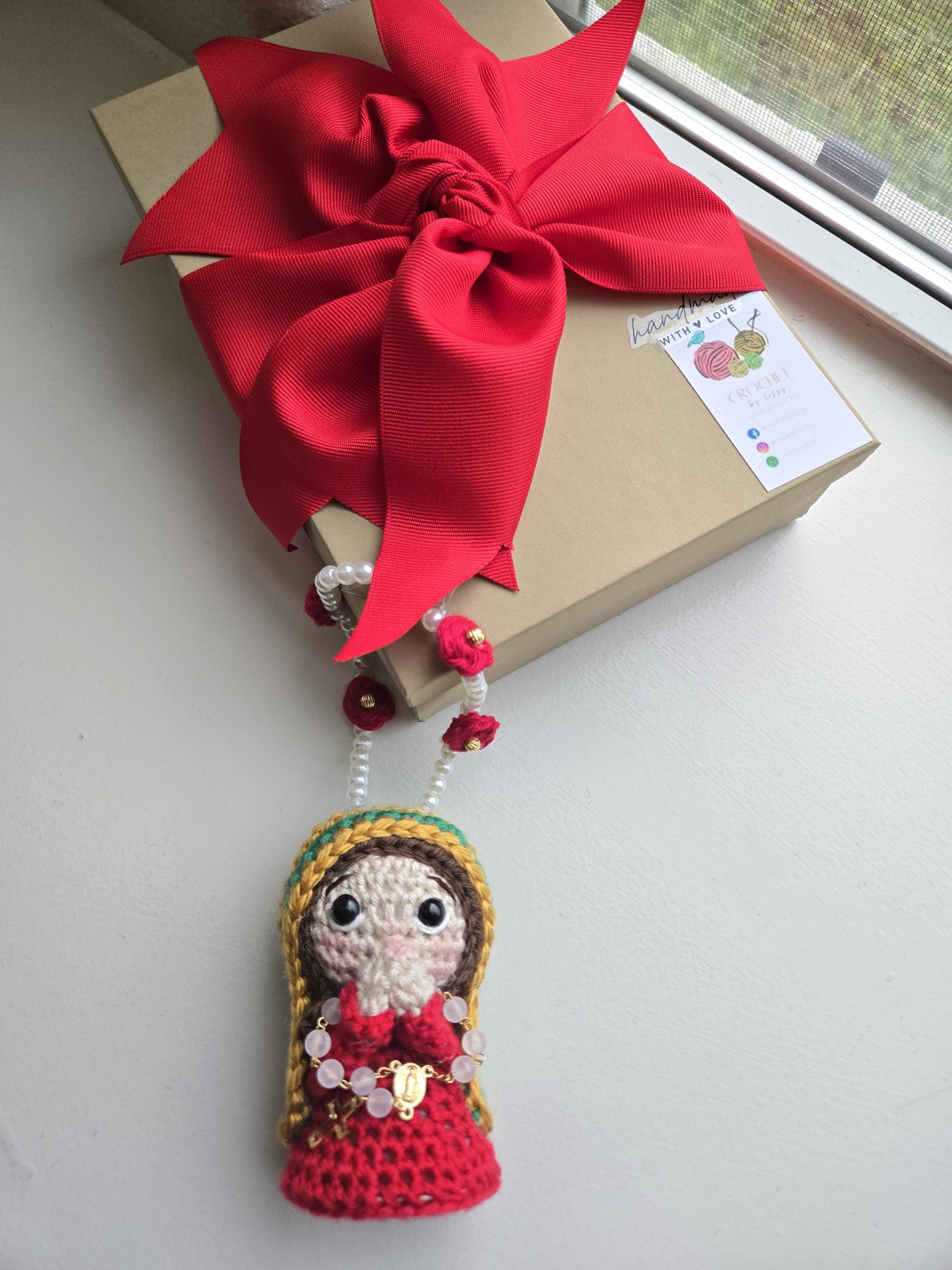 Handmade Crochet  Virgin Charm Car with Rosary
