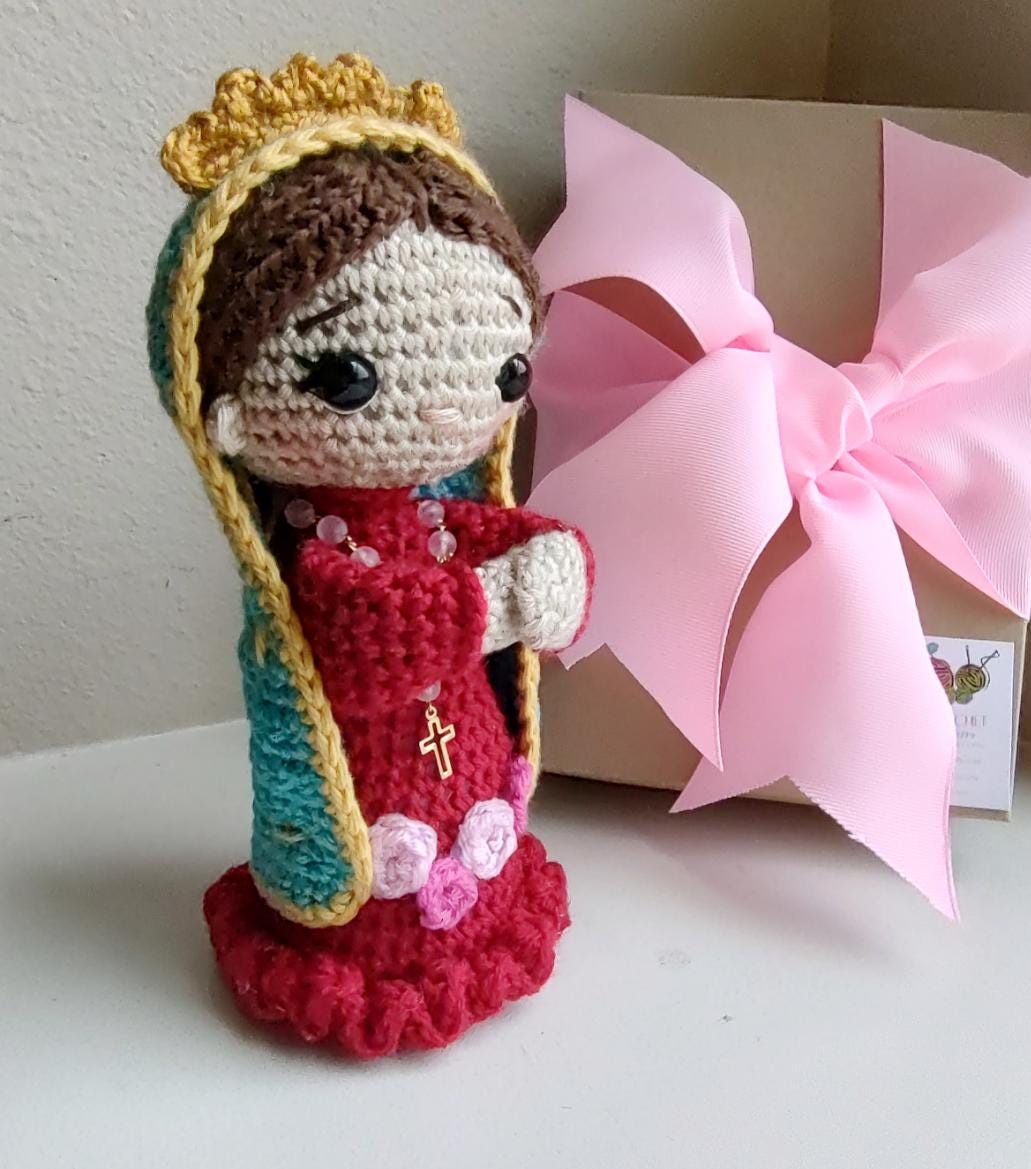Handmade Crochet Virgencita of Guadalupe with Pink Rosary Personalized 7 inches