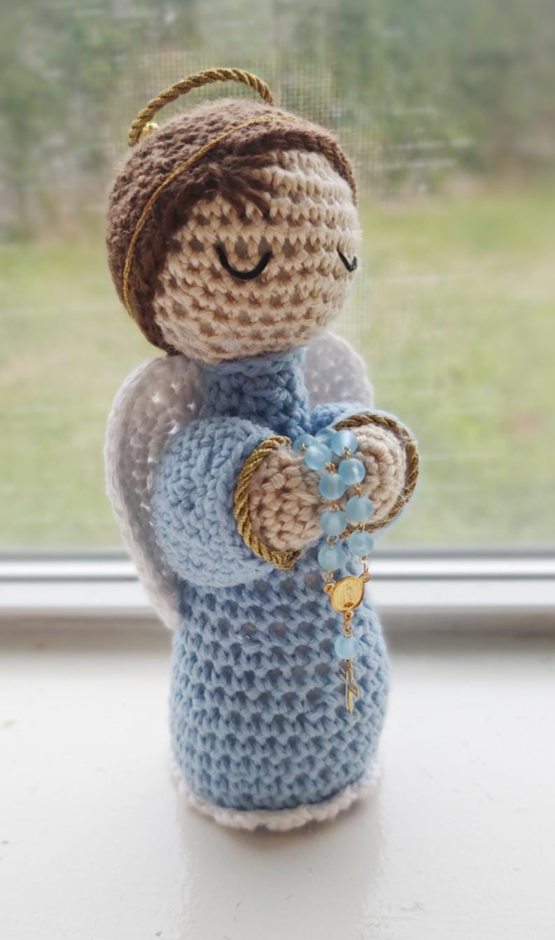 Handmade Crochet Angel with Blue Rosary Personalized - Elegant Gift Box