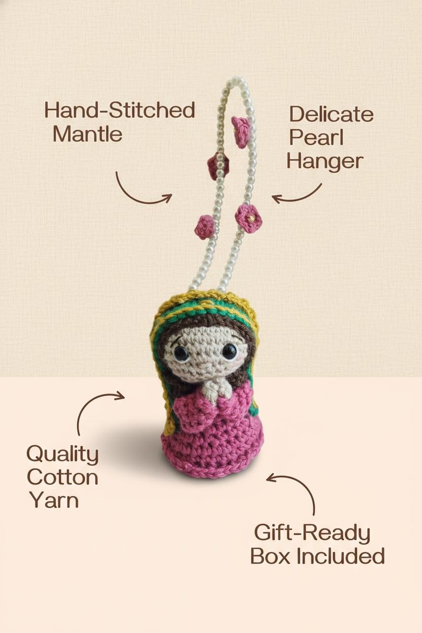 Handmade Virgin Crochet Car Charm in Gift Box - 4-Inch Acrylic Decoration