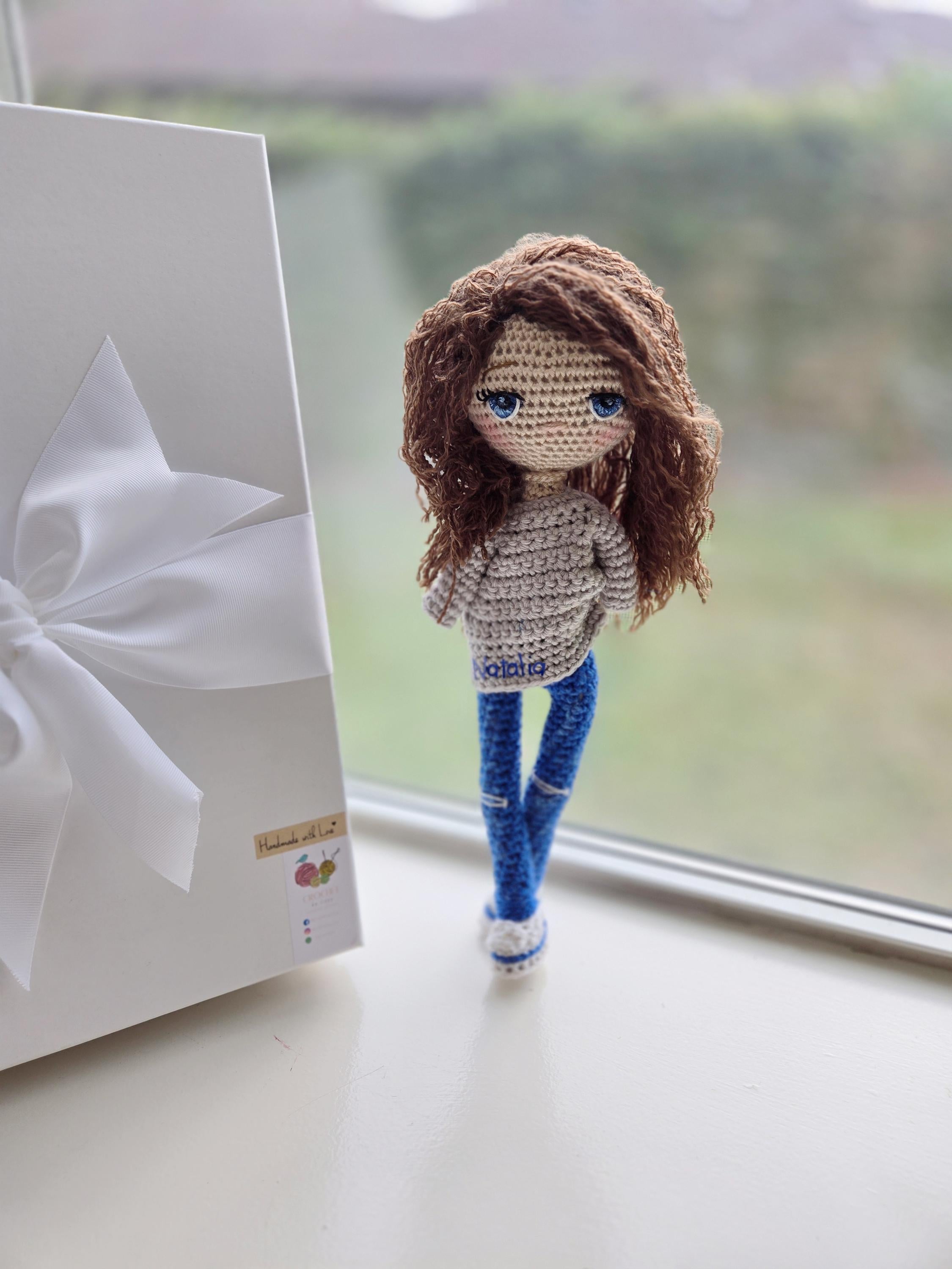Handmade Crochet Doll Personalized Gift in Elegant Box with Ribbon | Acrylic & Cotton