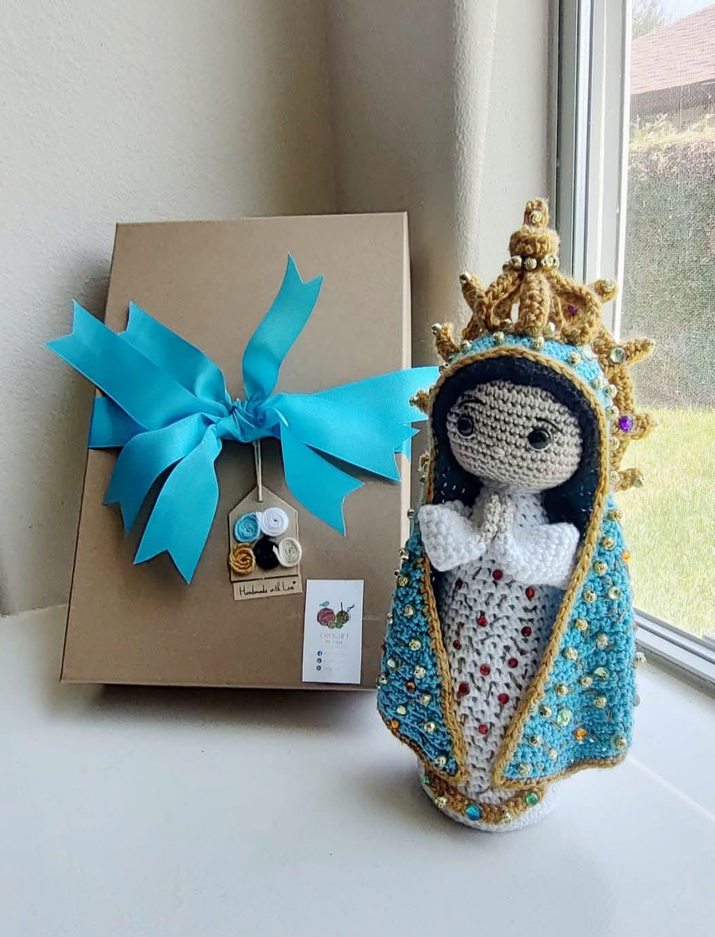 Handmade Crochet Our Lady of Lujan Doll  13” - Gift Boxed with Ribbon | Acrylic & Cotton