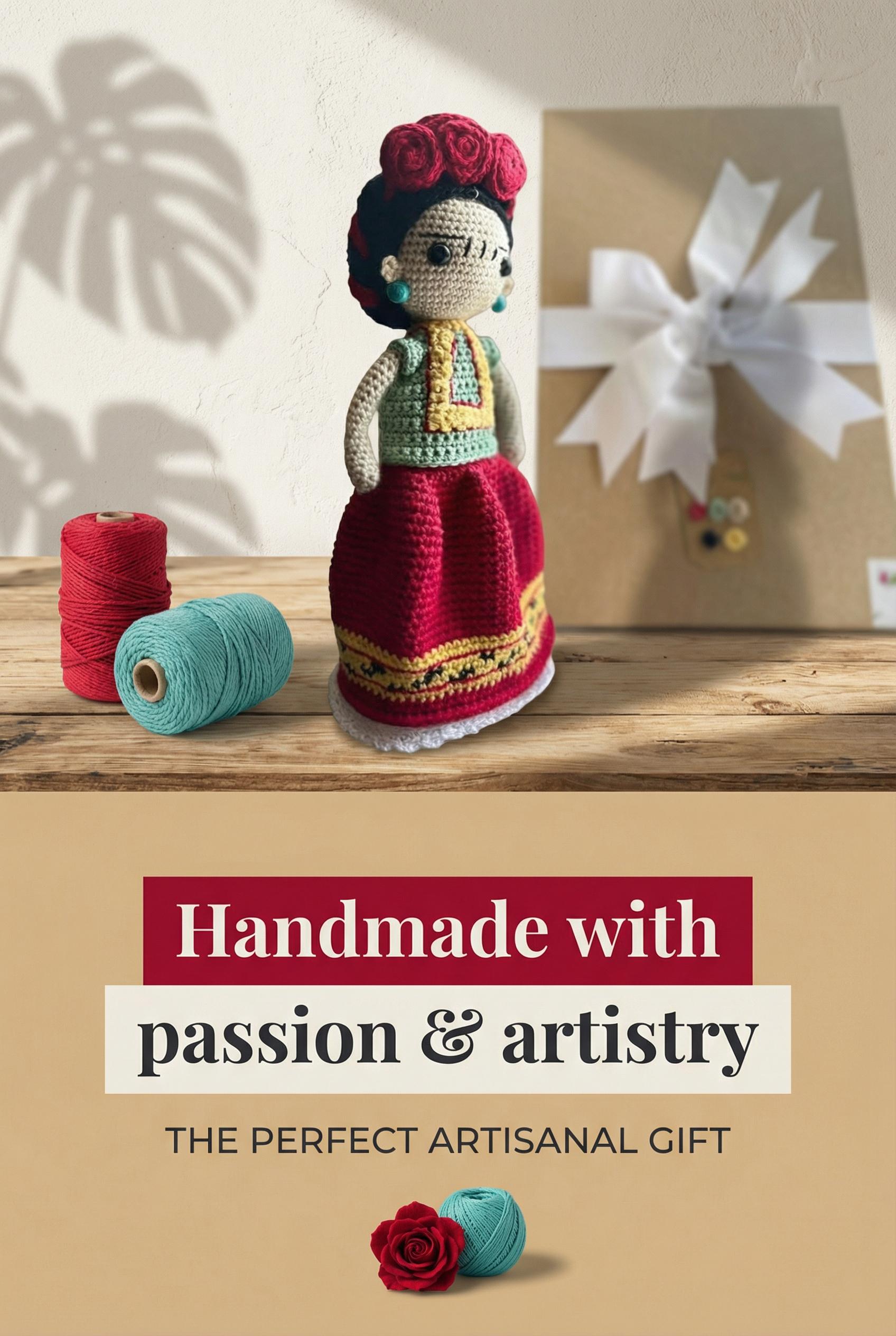 Frida Kahlo Handmade Crochet Doll – 13" Gift Boxed with Ribbon