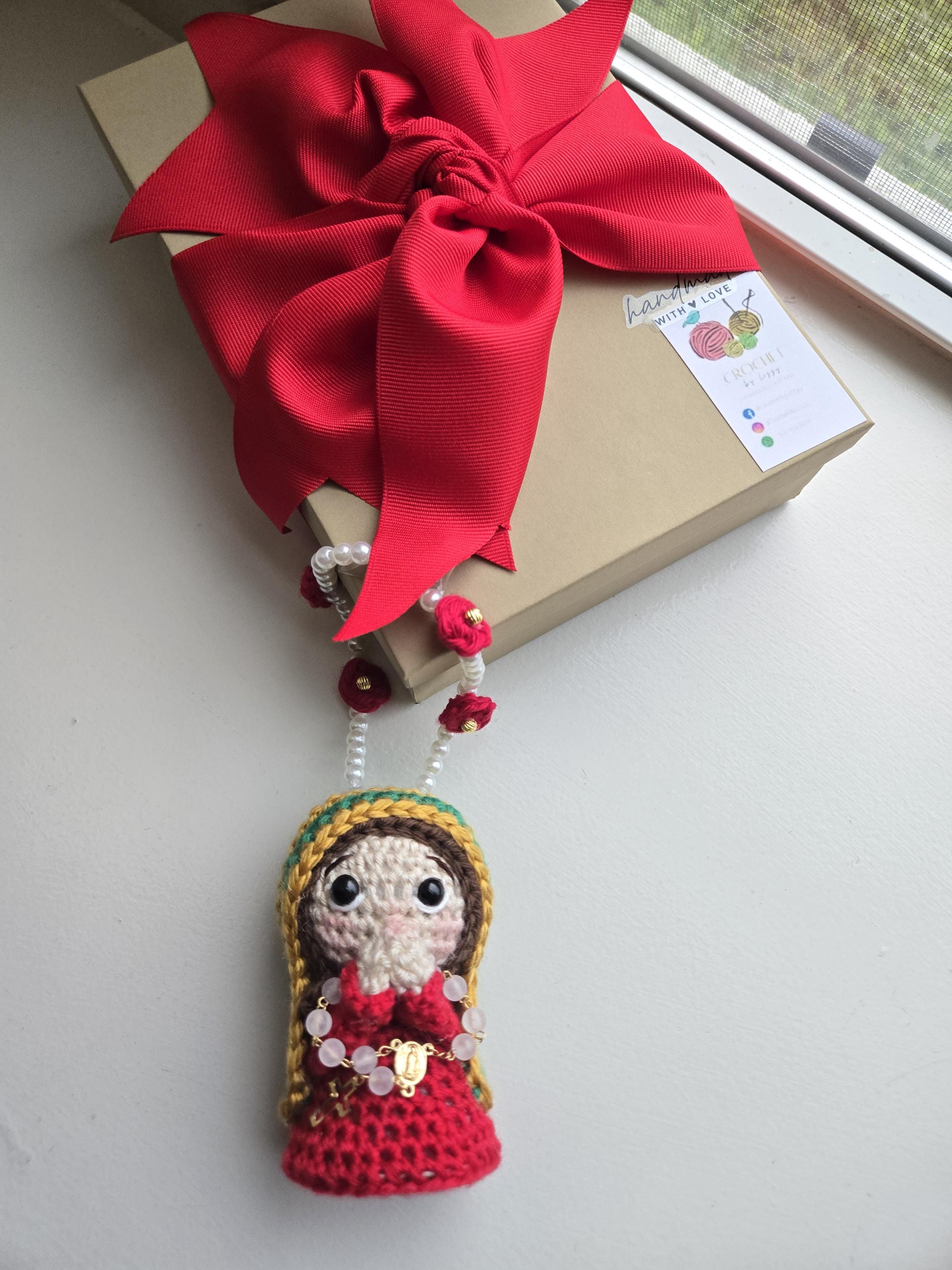 Handmade Crochet  Virgin Charm Car with Rosary