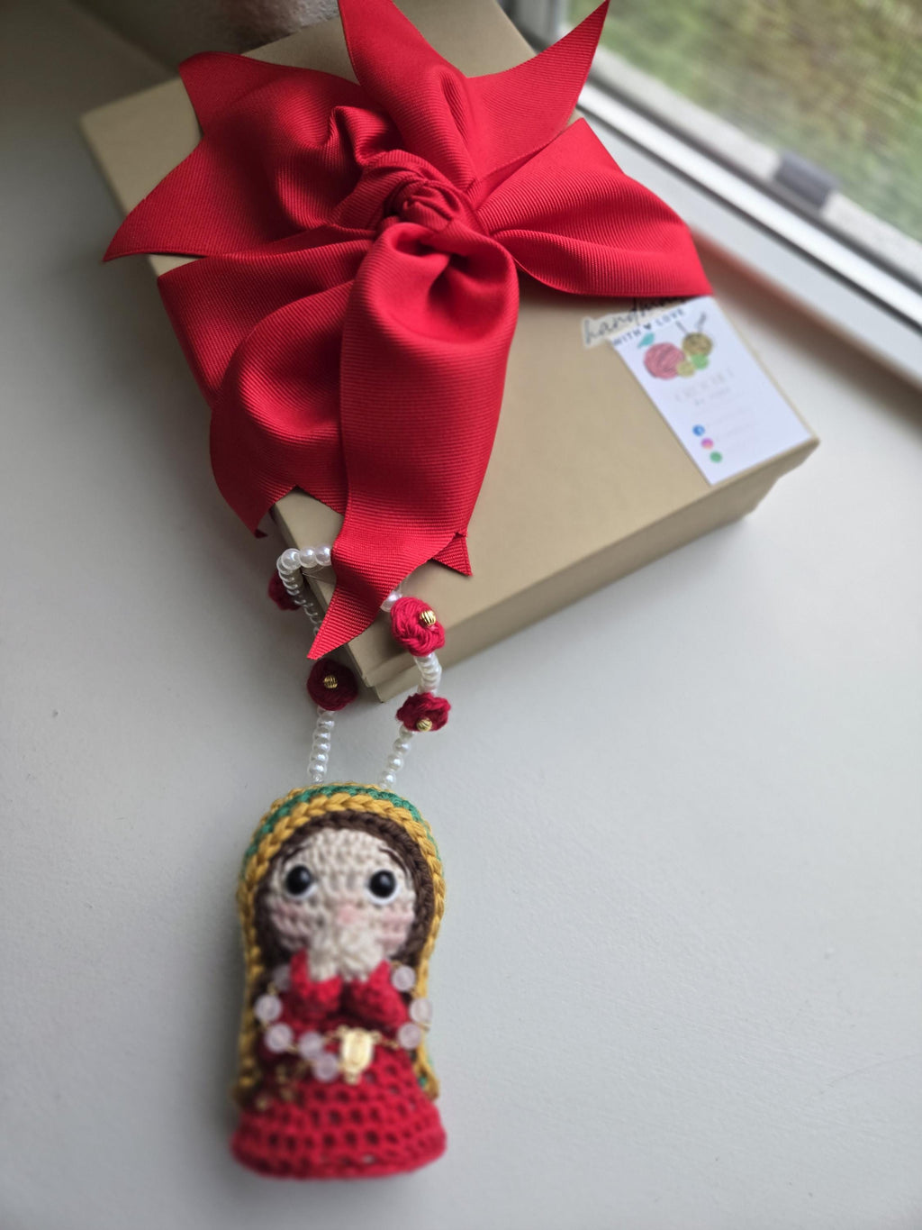 Handmade Crochet  Virgin Charm Car with Rosary