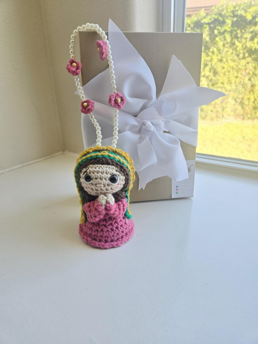 Handmade Virgin Crochet Car Charm in Gift Box - 4-Inch Acrylic Decoration