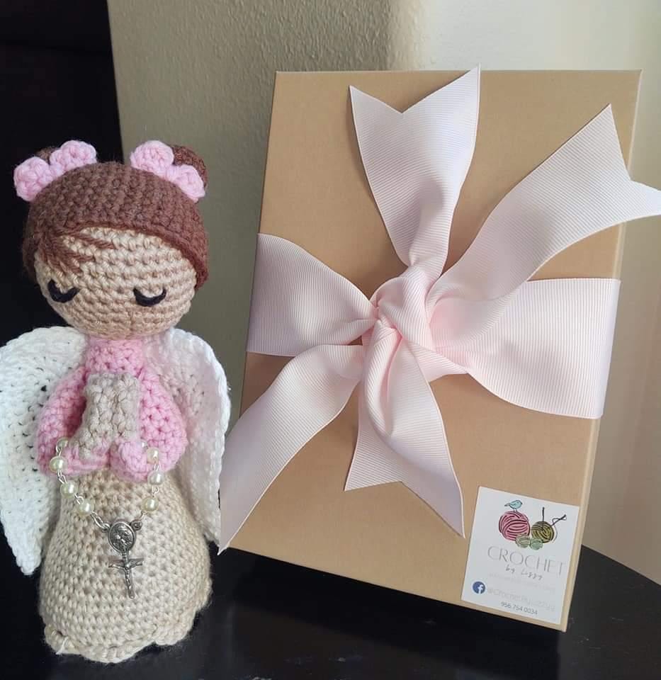 Handmade Crochet Pink Angel Personalized  Ready for Gifting, 7" Cotton & Acrylic Yarn