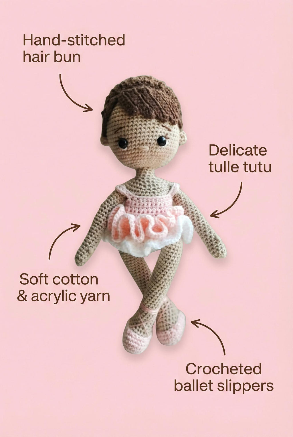 Ballerina Handmade Crochet Doll - 13" Cotton Yarn, Tulle Tutu