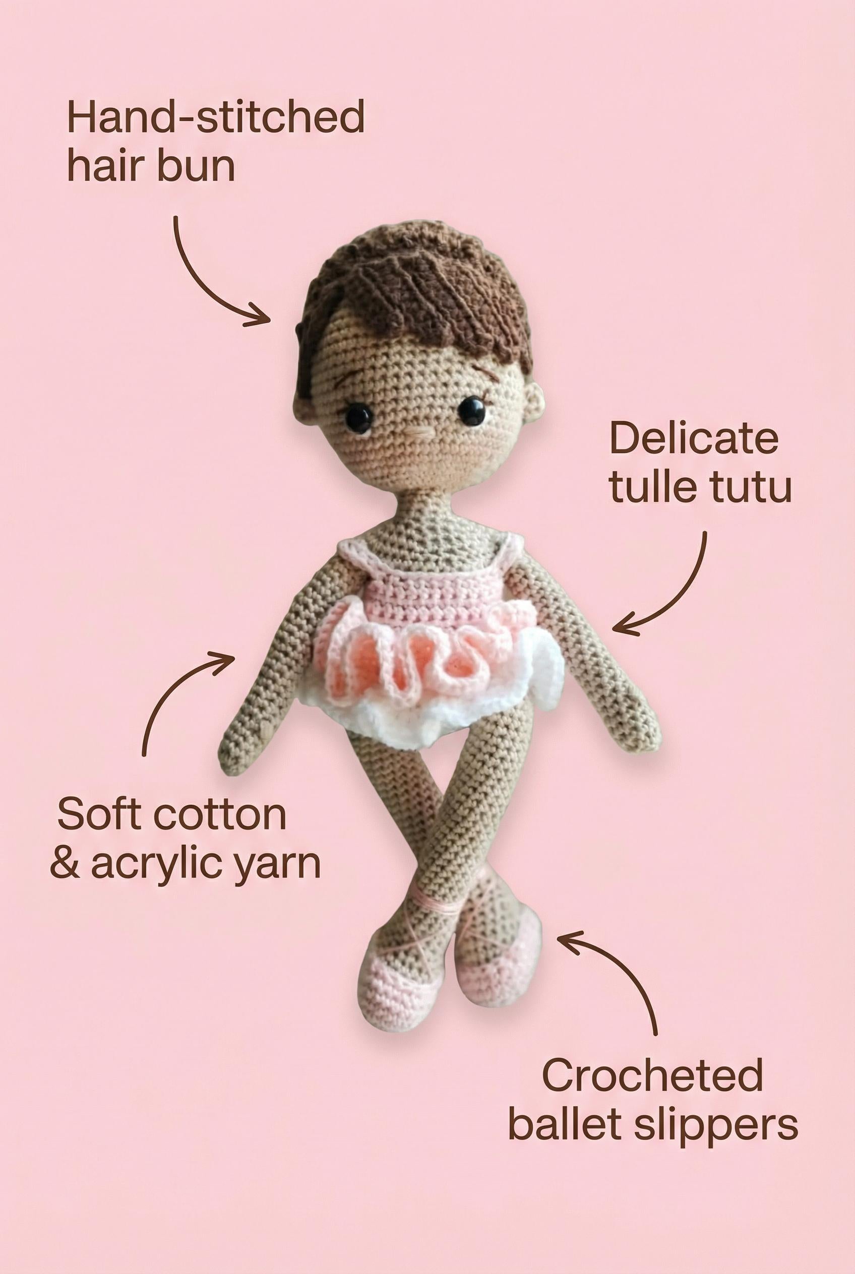 Ballerina Handmade Crochet Doll - 13" Cotton Yarn, Tulle Tutu