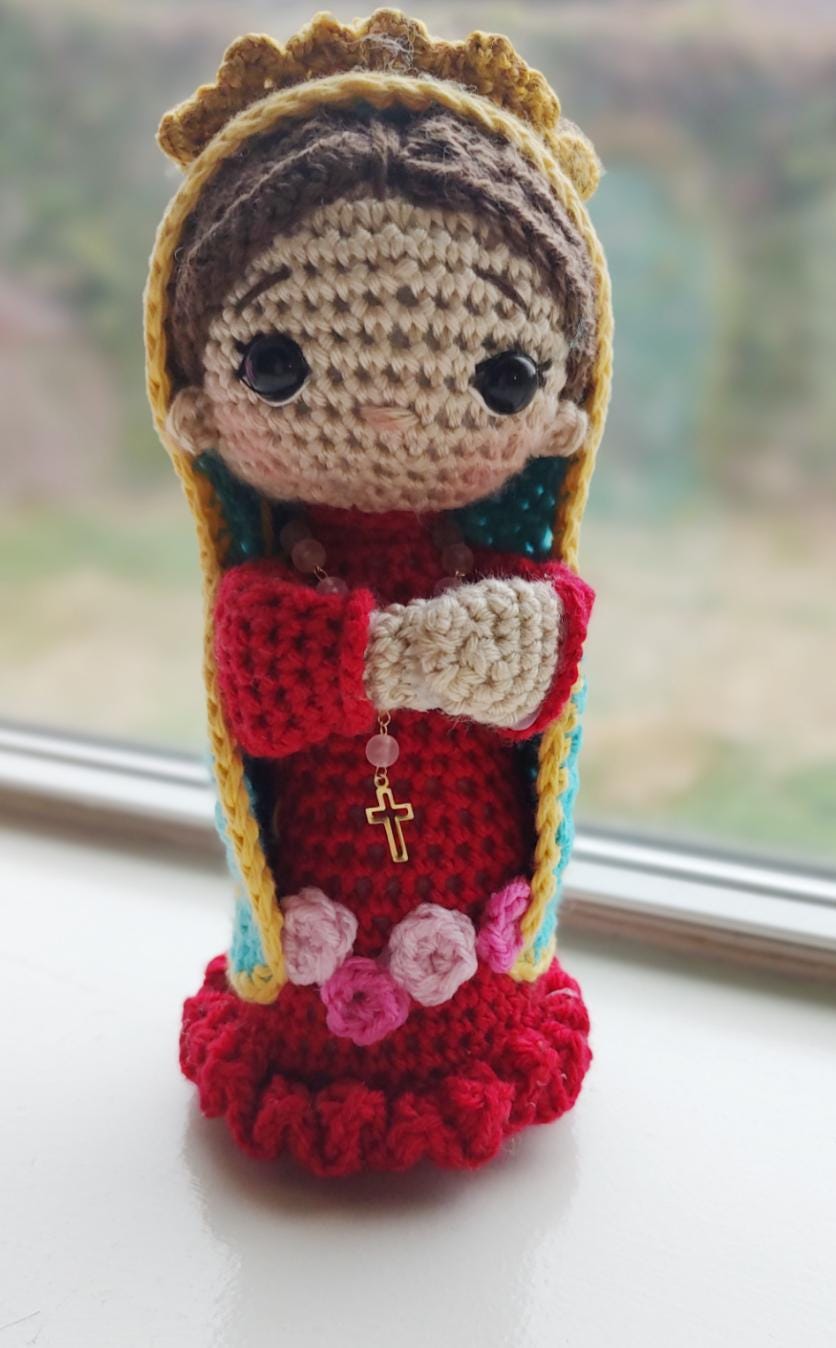 Handmade Crochet Virgencita of Guadalupe with Pink Rosary Personalized 7 inches