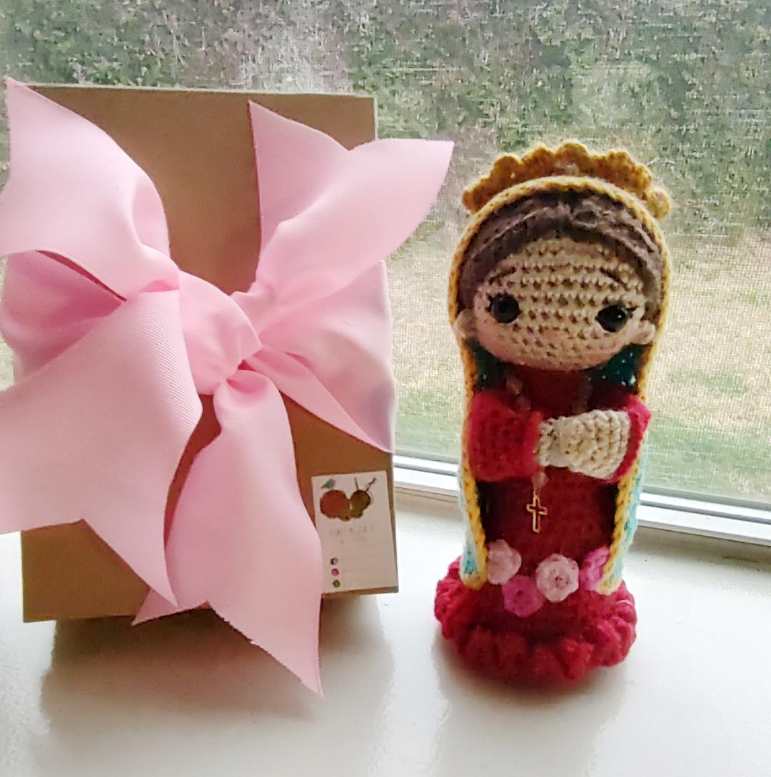 Handmade Crochet Virgencita of Guadalupe with Pink Rosary Personalized 7 inches