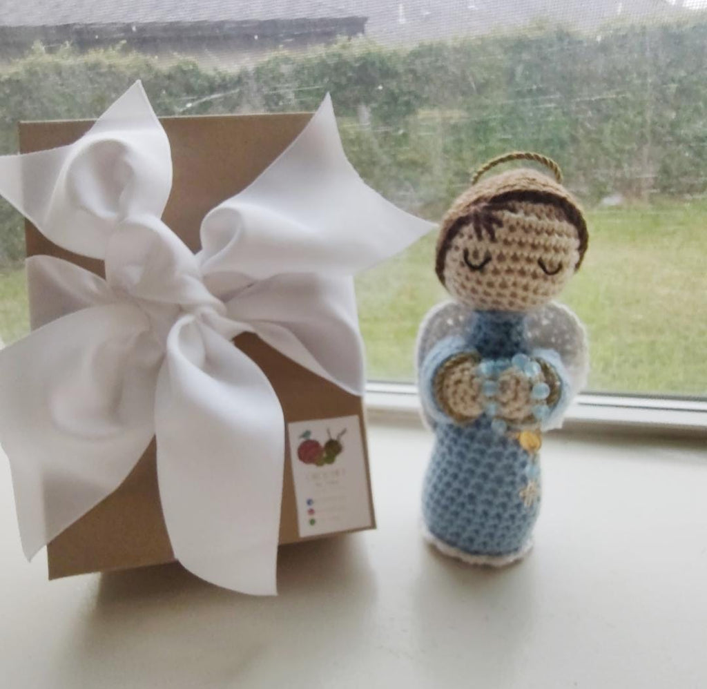 Handmade Crochet Angel with Blue Rosary Personalized - Elegant Gift Box
