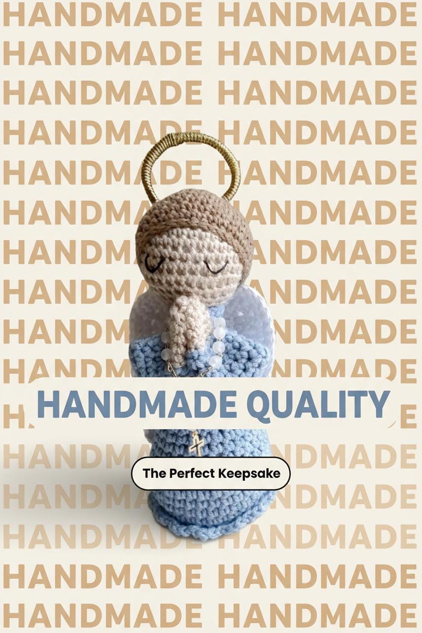 Handmade Crochet Little Blue Angel with White Rosary 7 inches