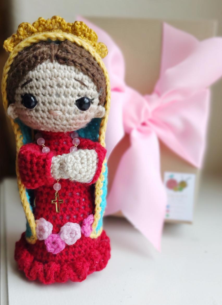 Handmade Crochet Virgencita of Guadalupe with Pink Rosary Personalized 7 inches