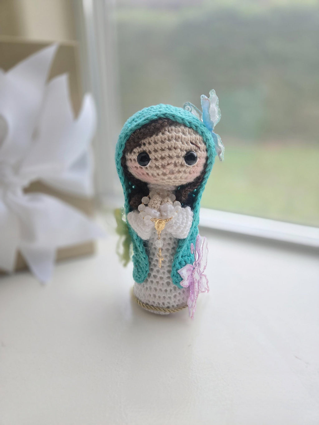 Handmade Crochet Virgin personalized with Butterflies Doll Gift-Ready in Box with Ribbon | 7 Inch