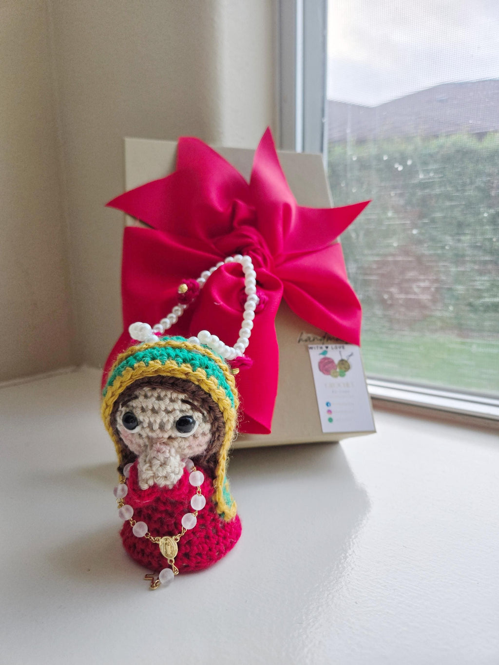 Handmade Crochet  Virgin Charm Car with Rosary