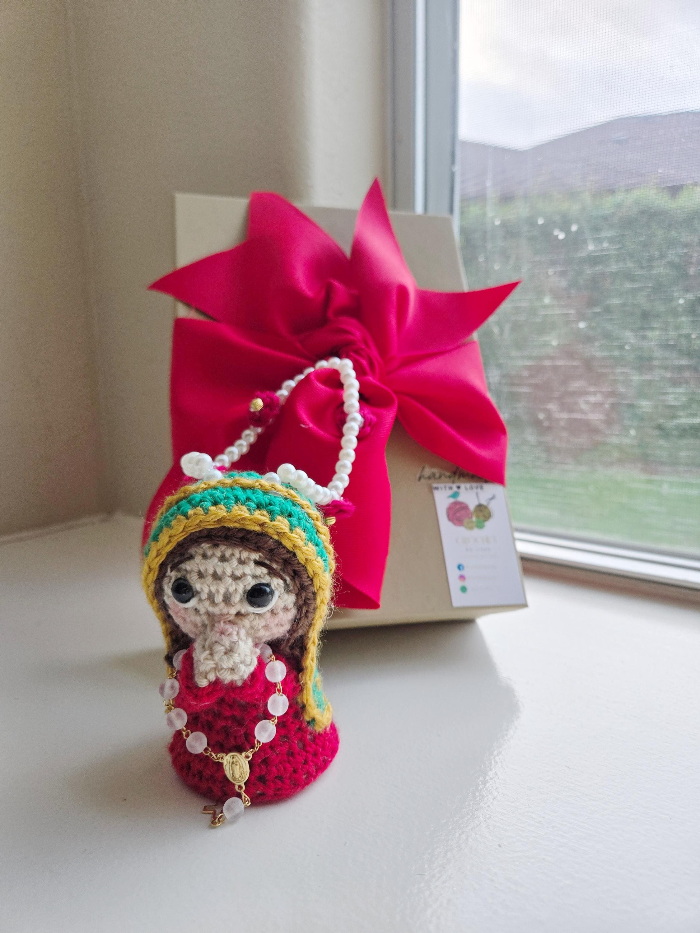 Handmade Crochet  Virgin Charm Car with Rosary