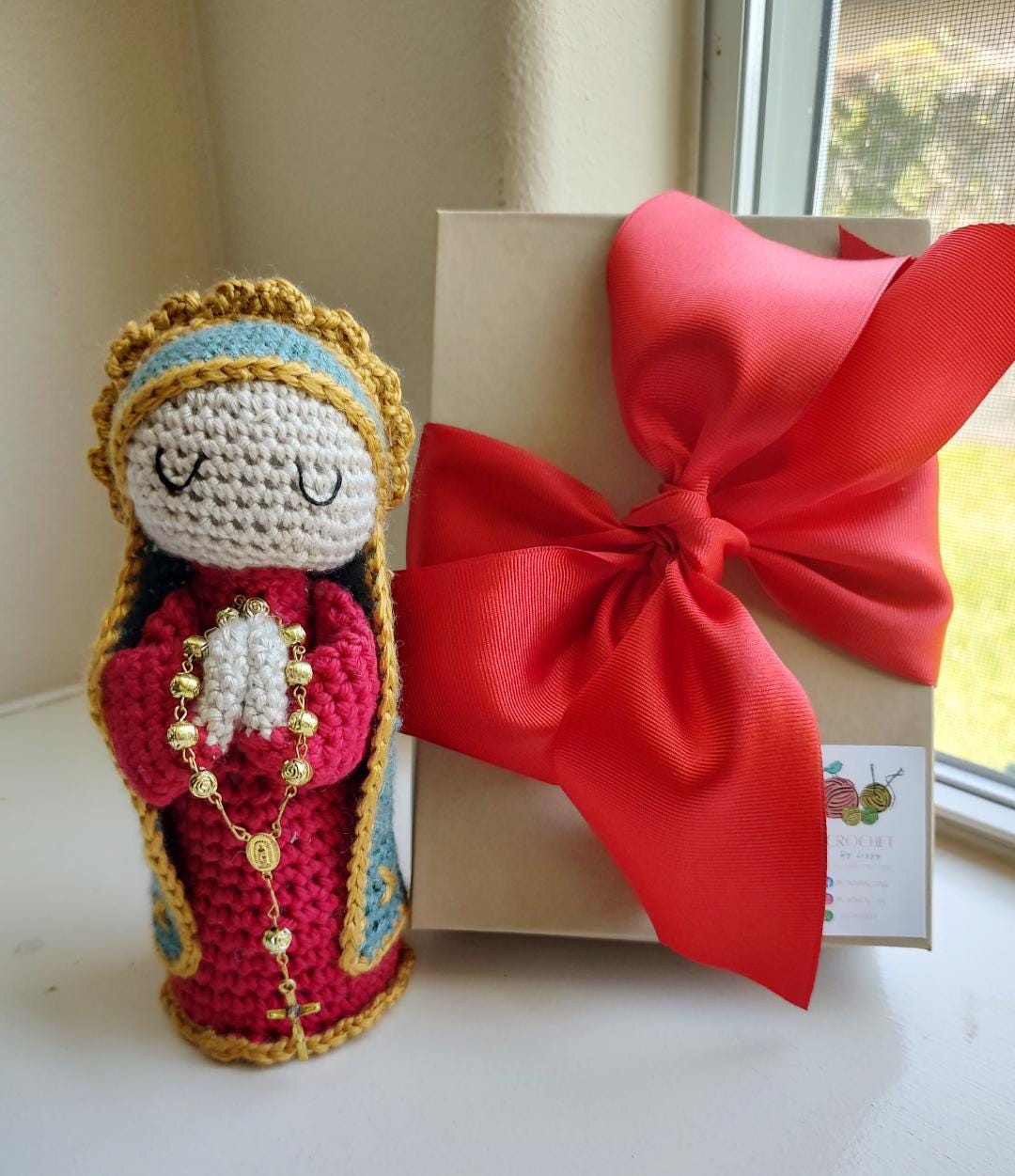 Handmade Crochet Red Virgin Personalized with Gold Rosary - Gift Boxed & Ready, 7 Inch