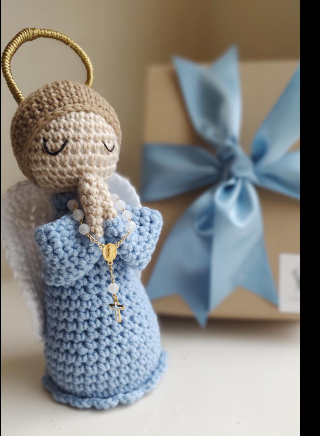Handmade Crochet Little Blue Angel with White Rosary 7 inches