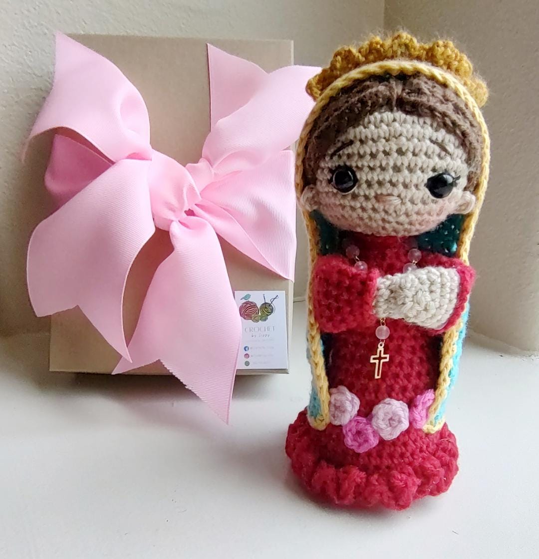 Handmade Crochet Virgencita of Guadalupe with Pink Rosary Personalized 7 inches