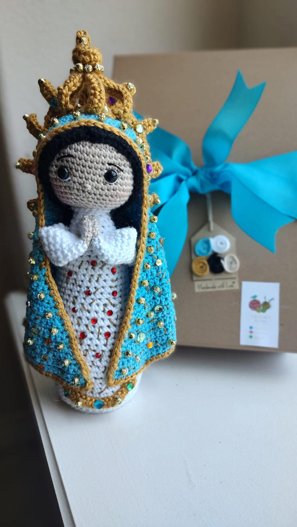 Handmade Crochet Our Lady of Lujan Doll  13” - Gift Boxed with Ribbon | Acrylic & Cotton