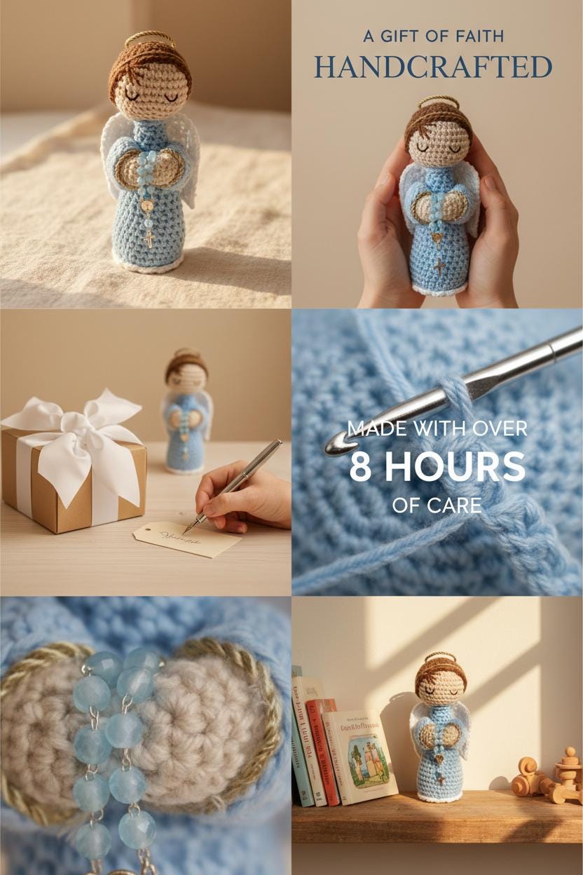 Handmade Crochet Angel with Blue Rosary Personalized - Elegant Gift Box