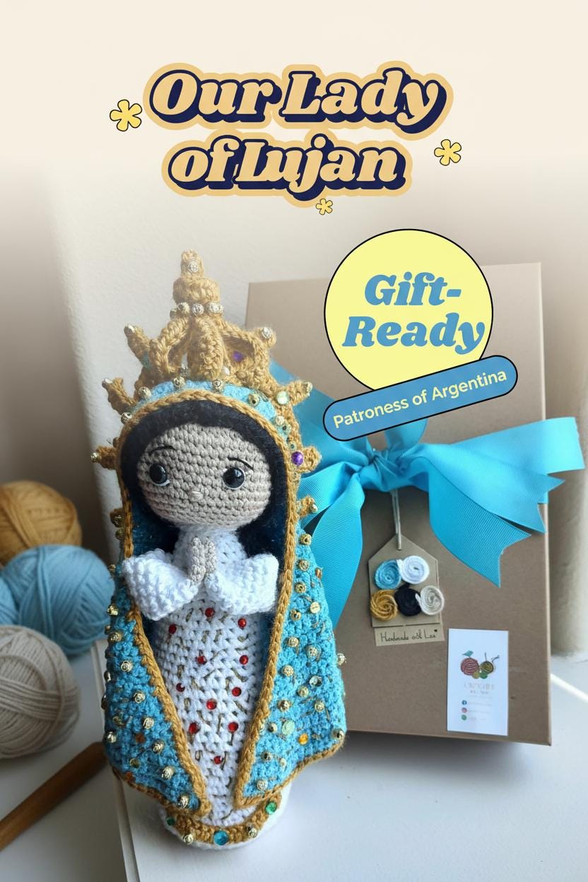 Handmade Crochet Our Lady of Lujan Doll  13” - Gift Boxed with Ribbon | Acrylic & Cotton