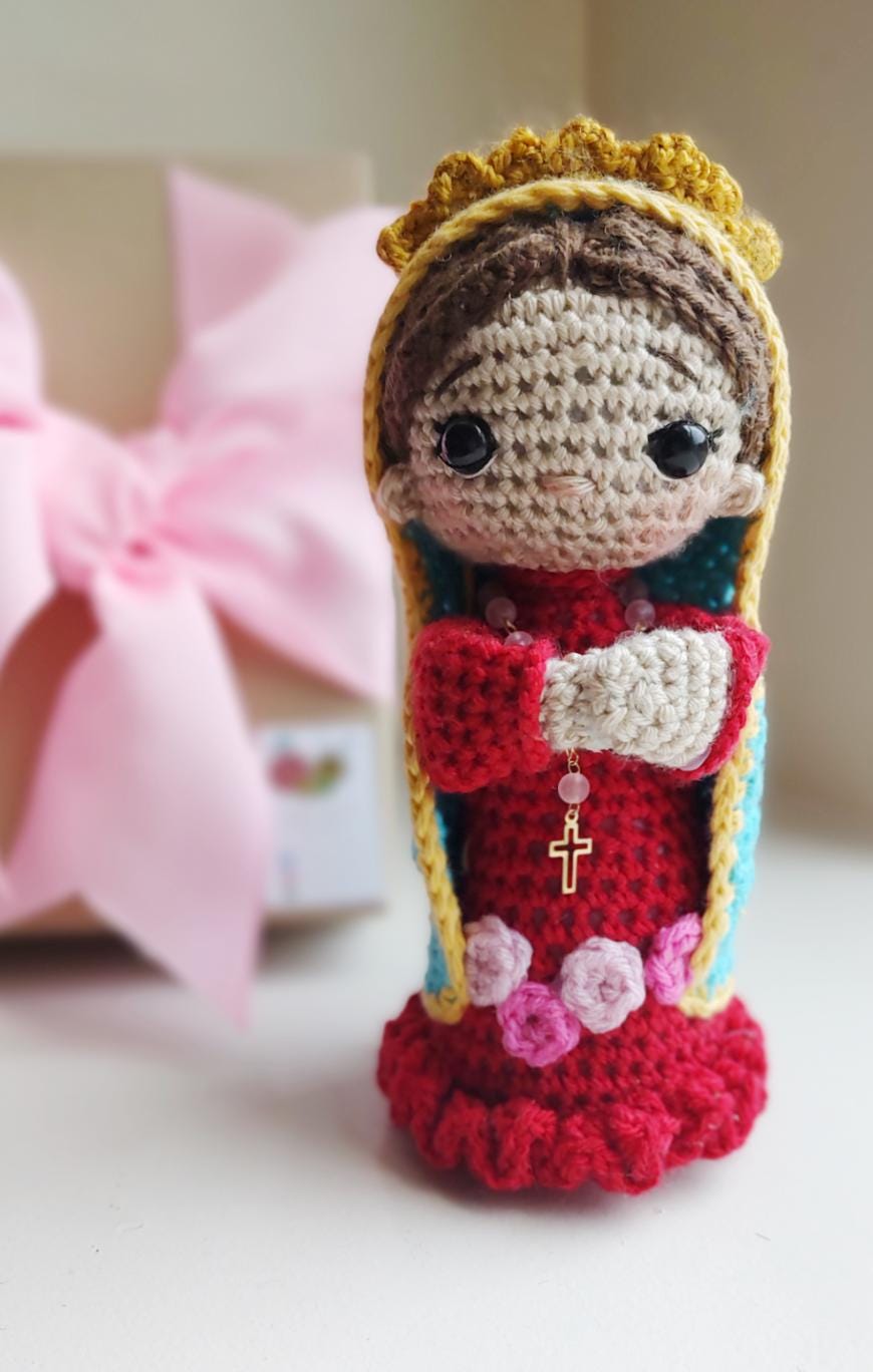 Handmade Crochet Virgencita of Guadalupe with Pink Rosary Personalized 7 inches