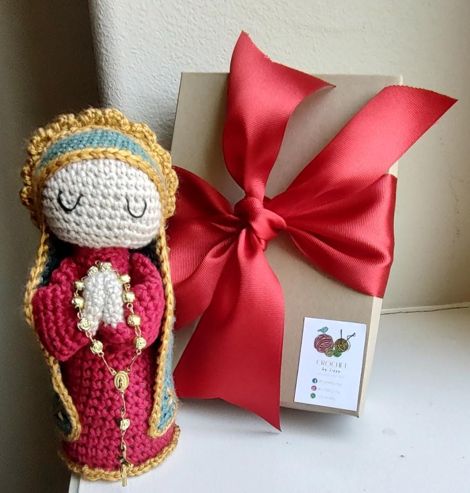 Handmade Crochet Red Virgin Personalized with Gold Rosary - Gift Boxed & Ready, 7 Inch