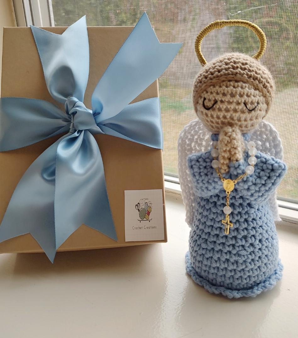 Handmade Crochet Little Blue Angel with White Rosary 7 inches